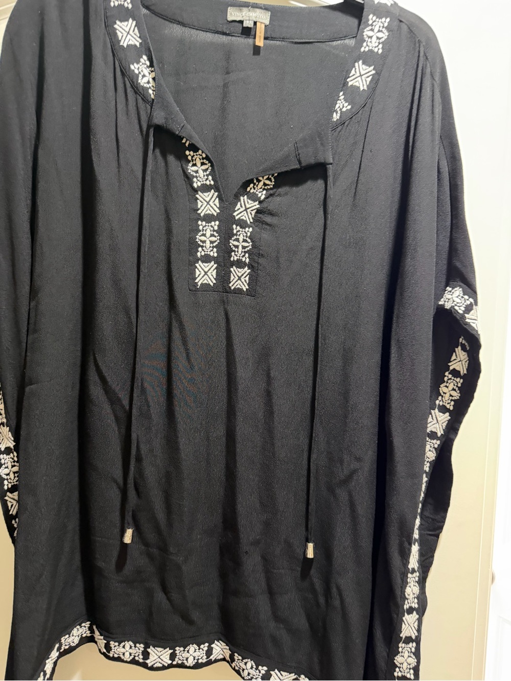 Vince Camuto Black Peasant Blouse with White Embroidery